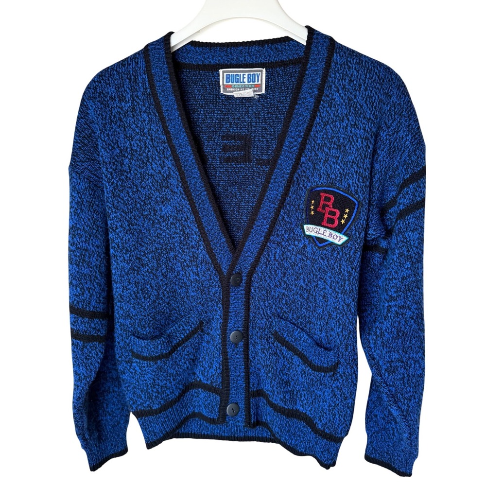 Vintage Bugle Boy Cardigan Blue Black Marl Sweater, M 12-14